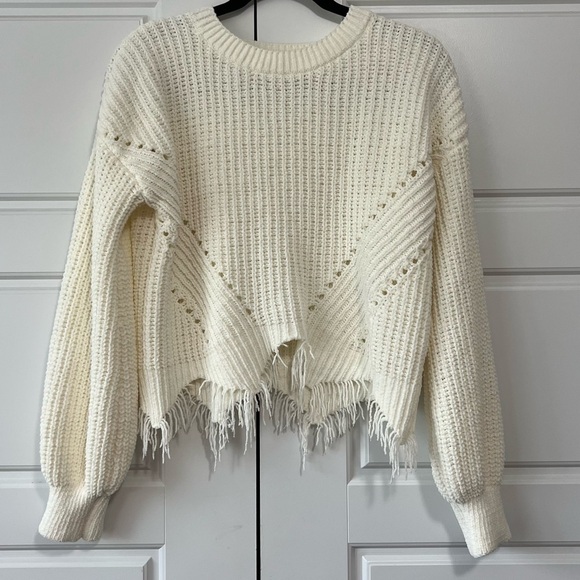 Distressed Fringed Cream Knit Sweater Pullover Balloon Sleeve Fashion Top - Picture 3 of 8